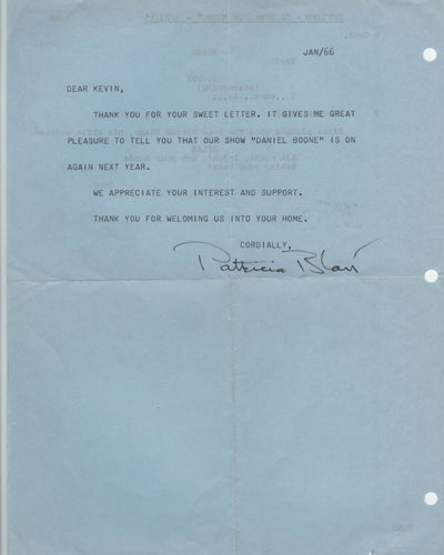 Patricia Blair (Horror and Film Noir Actress; Star of TV's Daniel Boone) Typed Letter Signed