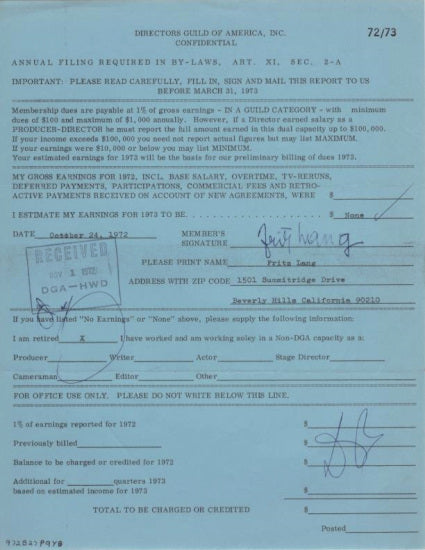 Fritz Lang (Director of Metropolis, M, Dr. Mabuse Films) Signed Document