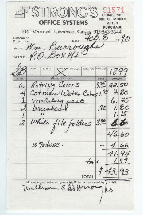 William S. Burroughs (Beat Generation Writer; Naked Lunch) Signed Receipt