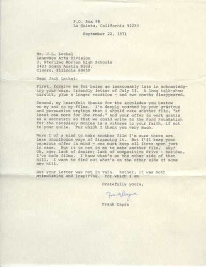 Frank Capra Typed Letter Signed