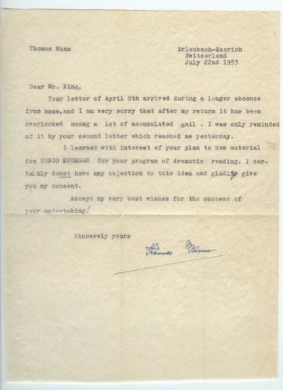 Thomas Mann (Nobel Prize-Winning German Novelist; The Magic Mountain, Doktor Faustus) Typed Letter Signed