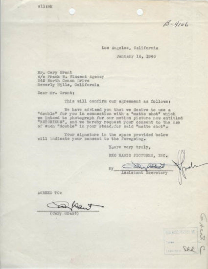 Cary Grant Signed Document (Alfred Hitchcock&