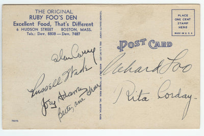 Richard Loo, Jane (Bettejane) Greer, Russell Wade, and More Autographed Postcard