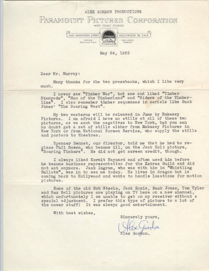 Alex Gordon (Producer of Horror and Science Fiction Films, Screenwriter for Edward D. Wood, Jr.; The She-Creature, Voodoo Woman, Bride of the Monster) Typed Letter Signed