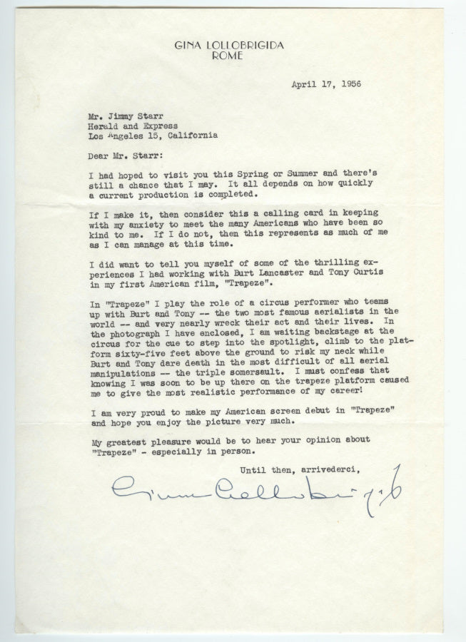 Gina Lollobrigida Typed Letter Signed to Hollywood Columnist Jimmy Starr (1956)