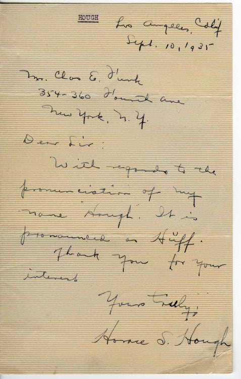 Horace Hough (Assistant Director on The Beast from 20,000 Fathoms and East of Eden) Autograph Letter Signed